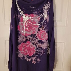 STUDIO 8 size 2Xlarge Shirt] purple Flowers Accent silver metallic chain straps